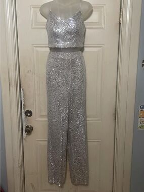 Silver Sequin Two-Piece Crop Top & Wide-Leg Pants Set